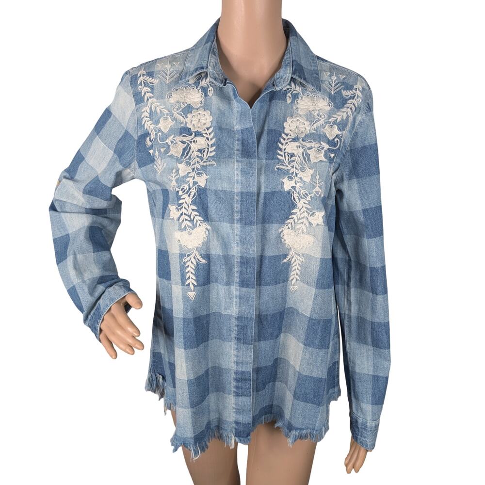 Driftwood Frankey Embroidered Gingham Raw Hem Button Blouse Shirt Western M